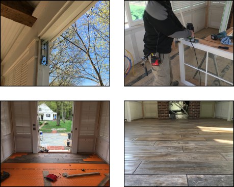 The custom-built windows and louvers are fitted with casement-window-style operable brass hardware. A Porter-Cable hinge template helps with routing out the hinge locations (top left, right). Porcelain tile mimicking hardwood strip flooring tops a Ditra uncoupling membrane (bottom left, right).