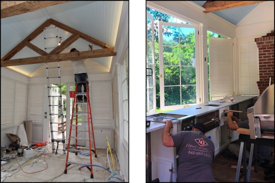 Beadboard is installed between trusses made from salvaged hand-hewn timber (top left). NCD crew members install Carrera marble countertops on custom-fabricated base cabinets and stainless steel shelving (top right).