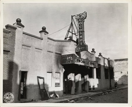 The Cocoanut Grove’s Piedmont Street entrance after the fire. The entry’s revolving door—inset from arched openings below the club’s marquee—became jammed as patrons rushed to escape the rapidly spreading inferno.