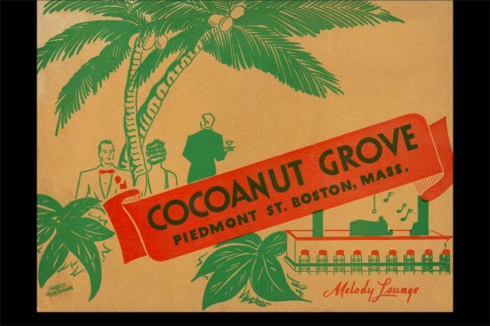 The Grove opened in 1927 during Prohibition as a B.Y.O.B. nightclub and became a speakeasy run by organized crime a few years later. After weathering some down years during the depression, it reemerged as “the” nighttime hotspot by the late 1930s. Club advertising offered patrons a South Seas-like "tropical paradise", beckoning them to “see the rolling roof” and “dine and dance under the stars and sky”. By late 1942, the structure had become a firetrap, having grown into a confusing agglomeration of public and service space through haphazard, unpermitted expansion (see plans on main page).
