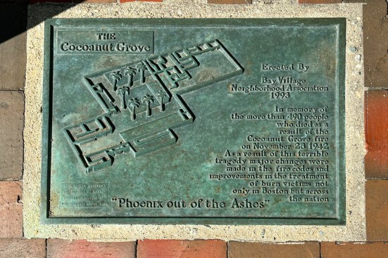 A bronze plaque, laid in 1993 on the 50th anniversary of the disaster, marks the approximate site of the Cocoanut Grove nightclub. John Esposito writes in his gripping account of the disaster, “Fire in the Grove” (2005), “… The building was torn down in September 1945. Since then, the site has been radically reconfigured by modern super-block development that truncated Broadway. It is now the site of the twenty-story Boston Radisson Hotel [now the Revere Hotel Boston Common]. At the back of the hotel, next to a loading platform, is a small bronze plaque stating that the building is on the site of the Cocoanut Grove nightclub, where nearly five hundred people died in the fire that occurred there on November 28, 1942.” Eighty years later, Cocoanut Grove still resonates. It remains as the cautionary tale of what not to do regarding safety in places of public assembly.