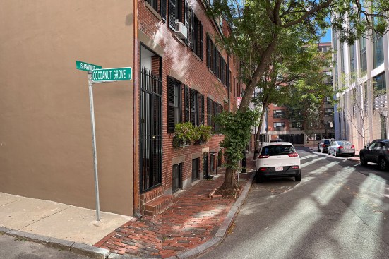 The revitalized neighborhood at the corner of Shawmut Street and Cocoanut Grove Lane.