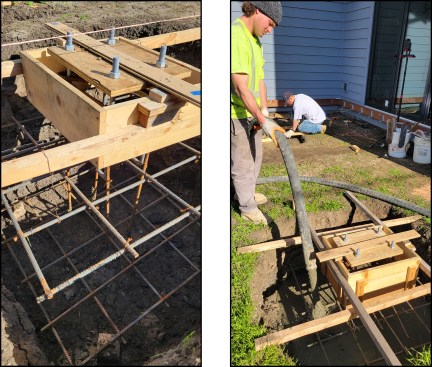 Figure 1B-C. A raised center section of the footing is formed with 2-by stock nailed to wood supports spanned over the excavated holes. A plywood template precisely holds four anchor bolts in position during the pour (left). Pea-gravel concrete (3,000 psi) is pumped into place (right).