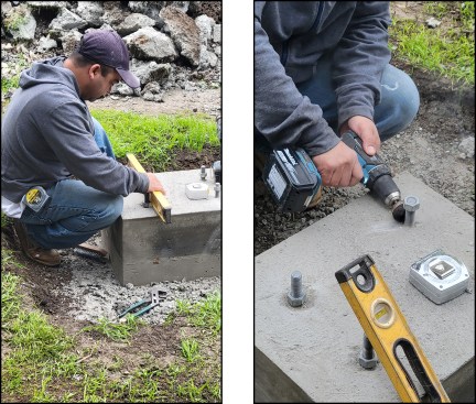 Figure 2A-B. The bottom nuts are leveled (left), concrete is removed from anchor bolt threads and the bottom nuts are screwed on as needed (right).