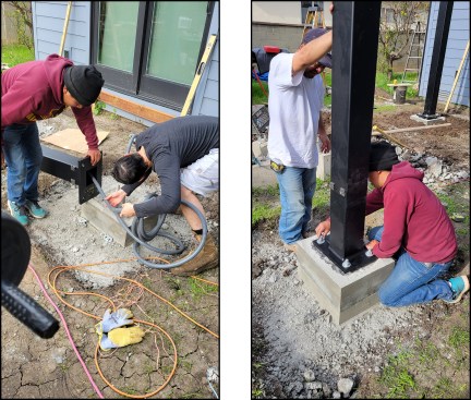 Figure 2C-D. Wiring for lighting is fed through the middle tube-steel post (left). The last of the three factory-welded steel base plates is temporarily set—the upper nuts loosely tightened (right).