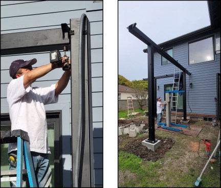 Figure 3B-C. The beam is bolted to the posts (left), then the second, longer beam is hoisted into place and secured (right).