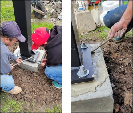 Figure 4A-B. The base plates are set in their final position (left). High-strength grout is packed firmly in place about 1 inch thick to fill any voids (right) …