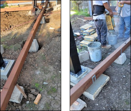 Figure 5A-B. For ease of leveling, the precast piers are first attached to the wood beams (left) and leveled, then set in concrete pads (right).