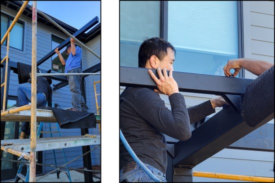 Figure 6A-B. The tube-steel rafters are bolted to welded brackets on both sides of the beam. Shipping blankets on the beams and the scaffolding protect the steel’s powder coating from being scratched during installation (left, right).