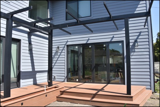 Figure 7A. The finished pergola frame. The homeowner will install canvas-style shading, which will keep afternoon sun from pouring into his kitchen.