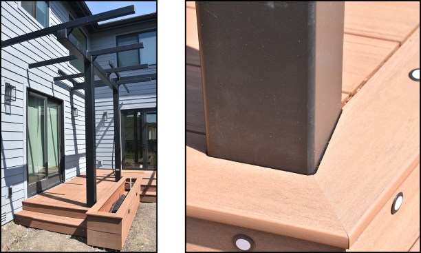 Figure 7B-C. The finished pergola frame and planter (left). Low-voltage LED lighting installed at riser locations (right).