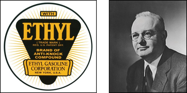 Tetraethyl lead was branded as “Ethyl” (left). Thomas Midgley Jr. circa 1940 (right).Credits: Ethyl Gasoline Corporation Logo courtesy of Gas Pump Haven; Dr. Thomas Midgley Jr. courtesy of U.S. Farm Security Administration - Office of War Information Photograph Collection (Library of Congress).