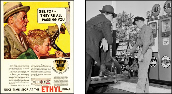 Ethyl Gasoline Corporation rebranded its image running a folksy Norman Rockwell-esque ad campaign through the early 1930s to the late 1950s (the word “lead” was never used in promotional material) (left). A gas station attendant “fills ‘er up with Ethyl” circa 1942. By 1940, octane ratings were consistently advertised in the 73 to 80 range thanks to lead. (right).Credits: Ethyl Gasoline Corporation 1933 ad courtesy of Flickr; gas station attendant courtesy of the Library of Congress.