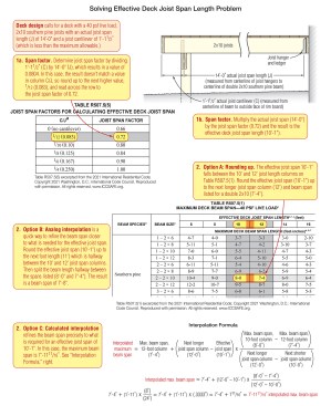 Sizing beams for a given length of deck joist is a multistep process. First, you must determine the effective joist span length following steps 1A and 1B above, and then refer to the appropriate section of Table R507.5 to round up (Option A), perform a quick analog interpolation (Option B), or mathematically calculate the interpolation (Option C) to find the maximum deck beam span.