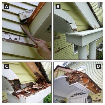 Portico problems. At the entry portico, kickout flashing had not been installed. Here, trim was placed over the step flashing, but no attempt was made to direct water running down the step flashing outward at the bottom (A)—water was allowed to flow behind the siding. This problematic detail also occurred in a couple of other locations, higher up on the roof. At the rake returns, the aluminum cap flashing sloped the wrong way, which caused water to pond against the trim and siding (B). The returns were probably built with too little slope to begin with, and over the years, settling caused them to reverse slope. Eventually, the silicone caulk sealing the aluminum cap flashing failed. When we started our repairs, we found the underlying rake-return boxes (C), adjacent trim, and framing had turned into compost (D).