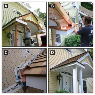Restoring the covered entry. On the front-entry portico, we salvaged the existing roof framing, vaulted soffit, and four fiberglass columns, which we removed and stored on site. We replaced the roof’s built-up 2-by carrying beams and rake-return boxes (putting a decent slope on the top of the rake return) and then trimmed out the fascia, rakes, and rake returns with Koma (A). The rake-return cap flashing was made with three pieces of copper, its seams soldered to act as one piece (B). We re-shingled the roof and, for aesthetic reasons, we doubled up on the new kickout flashing. The larger, upper kickout sheds most of the water, allowing the lower one to be more subdued (C). Finishing up, the fiberglass columns were re-installed, new fiber-cement clapboards were installed on the front façade, and the trim work was primed and painted (D).