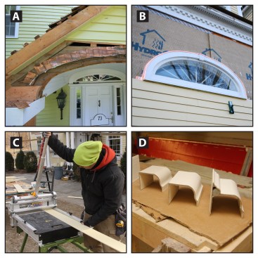 Elliptical flashing; new siding and gutters. There were a few instances where we had to flash above elliptical-shaped head trim. Rather than cobbling together the flashing with a series of stepped pieces to make a curve, as shown here (A), we fabricated one-piece head flashing in our shop. We shaped the three-directional head profile with shrinker and stretcher metal fabricators from Eastwood. Next, we, installed the elliptical flashing similar to the standard head flashing, lapping the ends onto the fiber-cement siding to direct water outward from the WRB (B). For the siding, we field-tested the new dustless siding shear from Bullet Tool to cut the HardiePlank (C). The cutter has a super stiff, sharp blade mounted beneath a lever that shears the material when pressure is applied on the lever. The resulting cut is crisp and smooth, and this method allows the user to skim material off in very small increments. For the replacement gutters, we chose fiberglass ones, manufactured by the Fiberglass Gutter Company. The gutters have been molded from actual cedar and fir wood gutters, which transfer the wood grain look and texture. We visited their factory in Pembroke, MA a few months ago for a demonstration (my crew will be assembling the gutters on site). The gutters are surprisingly strong, given their thin profile (D). The seams connecting long runs and mitered corners are joined with site-mixed resins and fiberglass reinforcing mesh. We’re installing the gutters in the near future and plan to use appropriate respirators while doing the seam work.