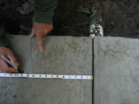 The first bricks to go in are along the edges of the walkway. Layout starts at a control joint to avoid having bricks span the joint and be subject to cracking. The gap between the bricks on either side of the control joint will be filled with flexible sealant, instead of mortar, to allow the bricks to move slightly without cracking the joint between them.