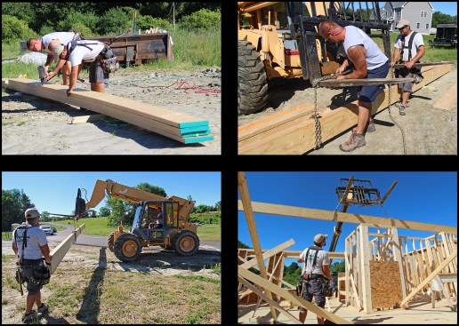 The four-ply LVL beam was partially built on the ground. Here, the two longer, 32-foot lengths were glued and nailed together (top left), then chained to the telehandler’s forks, ready to be moved (top right). With the beam centered and balanced, it was lifted and slowly driven over to the home (bottom left). Loads can bounce and shift driving over the rough terrain of a jobsite, so it’s best to maintain a safe speed; at most, no more than a fast pace walk. The beam is guided into place via hand signals (bottom right).