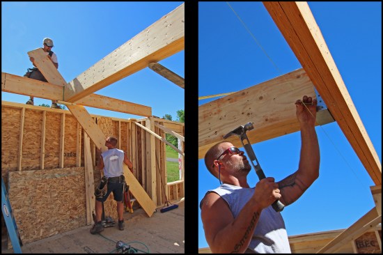 After they laminated the main beam’s four layers, the final step was to install the second 12-foot-long LVL of the support beam (above left) and a beefy beam hanger where the main beam butted into it (above right).
