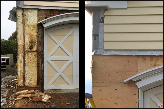 Water damage was due to a poorly flashed drip cap (housewrap tape was used to “flash” the wall-to-drip-cap transition). Though it was milled with an outward slope, water collected at the lower ends of the drip cap and found its way in behind the siding and WRB. The wall’s open-cell foam acted like a sponge, holding a reservoir of moisture from years of repeated wetting (above left). About 1 1/2 to 2 inches of the wall’s rotted, exterior-facing 2x8 SPF framing was chiseled out down to good wood. New wood was spliced onto the front of the existing, and new plywood sheathing was skinned over the repaired framing (above right).