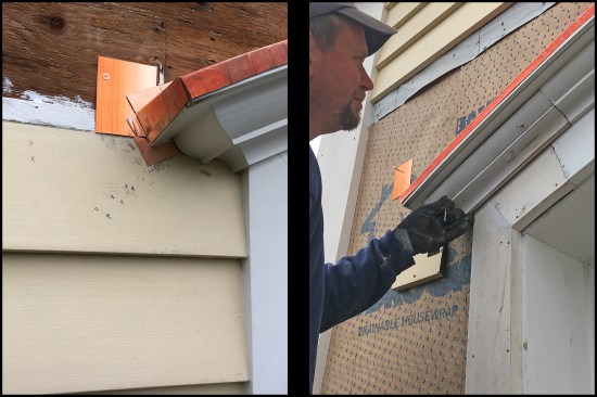 Small pieces of copper flashing were installed at each end before the curved head flashing was placed (above left). The small flashings prevent any water draining off the head flashing from finding its way behind the siding and housewrap. Though the door’s mahogany frame was largely unscathed (the rest of the building’s pine trim was worse off), some minor rot prompted some trim replacement and small applications of Abatron Wood Epoxy to restore the mahogany (above right).