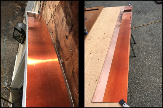 Starting out, a 6-foot-long strip of flat stock was laid over half the arch (photo, left). The overhanging copper (in the middle of the curve) was scribed from below. The resulting crescent-shaped template was used to make the four pieces of head flashing needed for the two doors. The template was clamped to wider copper stock (photo, right).