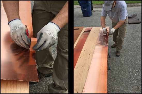 A scribe block was used to mark the 1-inch fold line for the flashing’s downward vertical leg.