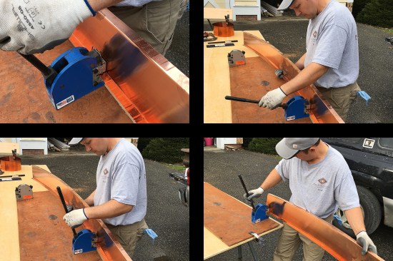 The flashing’s curve is shaped with Eastwood shrinker (blue) and stretcher hand tools (gray). The tools work similarly, both have little jaws that either: grab the metal and pull, as with the stretcher; or in the shrinker’s case, grab it and push. Here, the author uses the shrinker to curve the downturned leg, grabbing the metal in uniform 1-inch increments. While shaping the metal, you cannot curve one side completely in one shot, it’s more of a process of gradually shrinking and expanding the flashing’s legs into their final form.