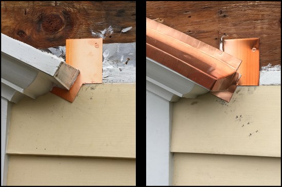 Small pieces of copper flashing were installed at each end prior to placing the curved head flashing (photo, left). The small flashings prevent any water draining off the head flashing from finding its way behind the siding and housewrap. The curved flashing was installed with minimal nailing—six nails in all. At the sheathing, one nail was used at each end, one at the center where the two pieces lapped. At the outer edge of the new flashing, the copper was top-nailed similarly with one nail at each end and one at the center (the nails were set in sealant). The ends of the flashing were folded down (photo, right)