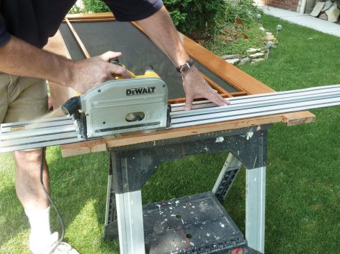 Storm door installation is generally straightforward if the door opening is fairly true and square. We measured the opening and made sure that both the width and height were uniform, then we trimmed the door to size using a track saw.
