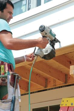 Azek specifies that if you are using pneumatic tools to attach PVC trim, fasteners should have a full round head (instead of clipped-head or finish nails). Set the pressure so that the nails are set just below the surface of the board.