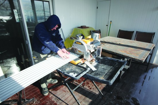 Fin Pan technical reps recommended cutting The TI-ProBoard with a wet saw to limit the number of glass fibers released in the air.