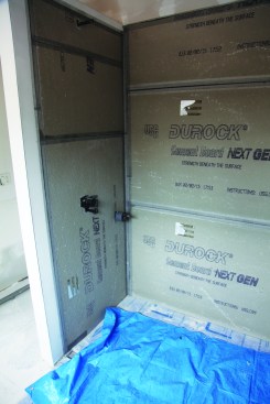 Durock backerboard was installed on the walls.