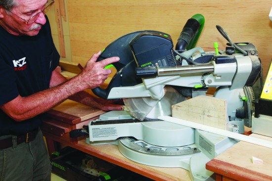 After cutting that miter, I flip the waste over and cut a miter in the opposite direction.