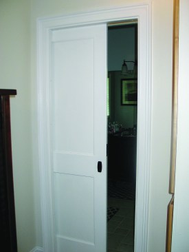 I installed the casing and baseboards with 18-gauge 1 1/2-inch finish nails, which went through the trim and the drywall and bit into the split studs, with 1/4 inch to spare. I didn’t nail the casing to the split jambs, to make the jambs easy to remove.