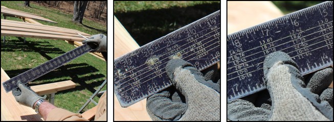 To lay out my pattern (see illustration below), I first need to determine where the jack’s long-point plumb cuts will meet the hip. For this I turn to my framing square (photos above). I use the “difference in jack rafter length at 16 inches o.c.” scale (photo, above middle) to arrive at an 18 1/2-inch on-center spacing for the long point on a 7:12 roof (photo, above right). I could have used the “jack” function on my Construction Master to determine this spacing, but I prefer using the framing square—I find it’s quicker to use; also, I can physically place the square on the rafter pattern to mark my long and short points.