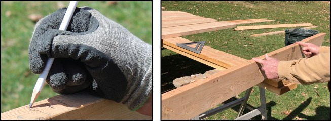 Using a common rafter, I mark and cut the ridge, birdsmouth, and rafter tail to create my jack rafter pattern (see illustration, above). Starting at the upper end of the rafter, I mark 18 1/2-inch centers— at 18 1/2 in., 37 in., 55 1/2 in., and so on—along one edge of the pattern rafter (shown on illustration, above, and in photo, bottom right). At each measurement, I mark the long and short points for the jacks (see illustration inset detail and photo, bottom left) with the tongue of the framing square—1 1/2 inches wide. I then number each layout “box” “1” through “5,” for the five jacks that will make up one side of a corner of this hip roof.