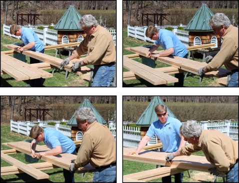 Using the rafter pattern on the first piece of 2x6 stock, Kyle marked the long point for the first jack rafter, while I traced the birdsmouth and tail cut. Moving down the line, we marked the remaining rafters. Kyle marked long point “2” on the second 2x6 (photo, top left); long point “3” on the third (top right), and so on (bottom left). I marked long point “5”, birdsmouth and tail cuts on the fifth 2x6 (bottom right).