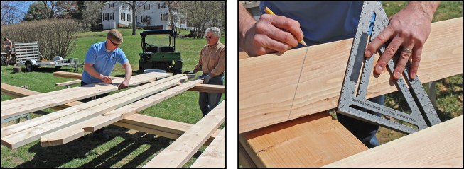 With the long points and rafter tails marked, we marked the plumb cut lines (see illustration, above). Holding a layout square at a 7:12 angle, Kyle drew lines representing the long-point plumb cuts where the jacks will meet the hip (photo, above left). He then carried those lines onto the opposite edge of the rafter stock (photo, above right), where he marked the opposite sides of the rafter so we'd be able to line them up with the short points on the rafter pattern during the next step of the layout process.