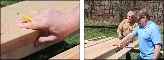 We spun the rafter pattern 180°, then marked the opposite ends of the 2-by stock, starting with first 2x6 in the group (see illustration, above). We placed the pattern with the short point of jack rafter “5” aligned with the long-point mark carried over from the plumb cut line of jack rafter “1” (photo, bottom left). I then traced the birdsmouth and rafter tail on the opposite end of the stock. Working down the line of rafter stock, we lined up the short points on our rafter pattern and marked the remaining four jack rafters (photo, bottom right). With this method, each piece of stock yields two jack rafters with only one plumb cut needed for each pair.