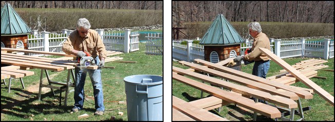 With the first group of 2x6s marked (see illustration, above), we repeated the process on the remaining three groups, after which I was ready to cut all my stock. The plumb cuts were made with a 45° bevel (see illustration inset, above). I lined up the 20 2x6s on my site bench (being careful to keep the four groups together) and cut all the birdsmouths and tails on one side (photo, bottom left), then on the opposite side. I made my 45° bevel cuts last, getting two jacks from one cut (photo, bottom right). From the first 2x6, I got the longest jack for one side of the hip and the shortest for the opposite side; from the second 2x6, the second-longest jack and the second-shortest, and so on, stacking the two sides of the hip in two separate piles.