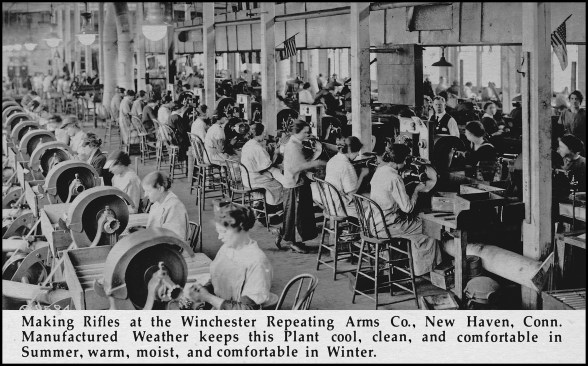 Mech “authored” his own book (“The Story of Manufactured Weather”) in 1919, featuring testimonials from satisfied customers (photo excerpt depicting “comfortable” workers manufacturing firearms during World War I).