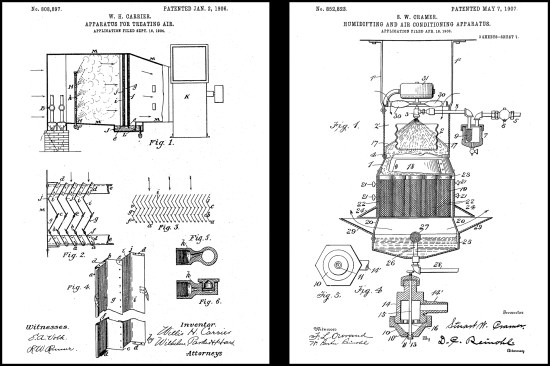 Carrier’s “Apparatus for Treating Air” patent submission for his industrial “air washer” (photo left). Cramer’s “Humidifying and Air Conditioning Apparatus” was a major contribution to the textile industry (photo right). Spinning efficiency of cotton was greatly improved via his invention’s use of a water-spray humidifier to control relative humidity levels, reducing yarn breakage and improving worker comfort levels.