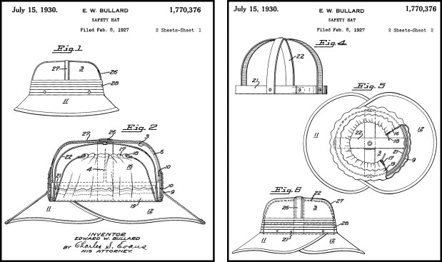Patent drawings show a hat that looked more like Sherlock Holmes’ deerstalker cap than a modern hard hat.