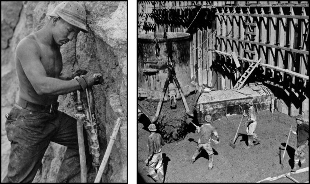 The hats were first worn during construction of the Hoover Dam; here, a “scaler” jackhammers bedrock (photo, left). Scalers would descend down the canyon walls on ropes and remove loose rocks where the dam walls would join the bedrock. Concrete tampers release concrete from a crane bucket, ready to spread its contents (photo, right).