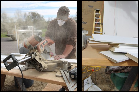 A quality dust mask was a must while cutting outside (photo, left). Butt joints for the vertical siding were cut at 30-degree angles (photos, left and right). Field-cut edges do not need to be primed or painted, also it’s important to store the Boral flat on a level surface and keep the material clean and dry (installing product wet or saturated may result in gapping at joint locations).