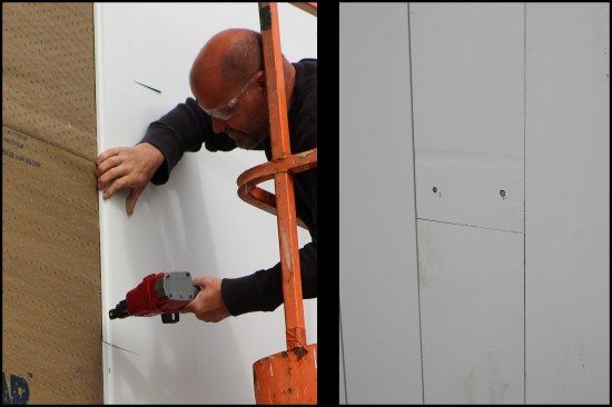 The siding was installed with 2-inch-long ACQ staples 8 to 10 inches on-center, blind-nailed along the sides (photo, left). Joints were butted together with no gap and were face-nailed with 8d stainless steel ring-shank nails, the nail heads driven flush with the siding’s surface (photo right). Small dents and imperfections in the stock were either offcut or infilled. Here, the mark above the fasteners was later infilled with auto-body filler, then spot primed and painted.