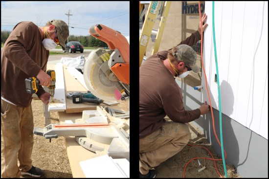 Jigsaws and drills with Forstner bits (photo, left) were used to cut the siding around penetrations (photo right). Coarse jigsaw blades lasted much longer than fine ones. Later, the joint was sealant with a paintable, urethane-based sealant.