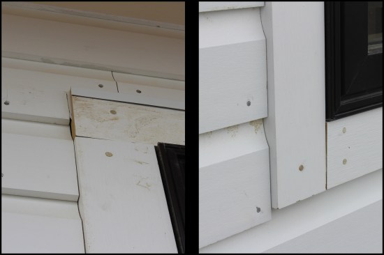 Windows (and doors) at horizontal siding locations were trimmed out with Boral; head trim was run over jamb trim (photo, left), the jambs run past the sill trim (photo right). The Boral siding expands and contracts significantly less in temperature changes than vinyl, wood, engineered wood, and fiber cement siding. Here, the siding was butted to the trim with no gap.